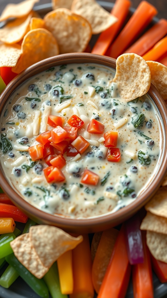 Creamy spinach queso dip with bubbling cheese, served with tortilla chips and colorful veggies on a rustic table.